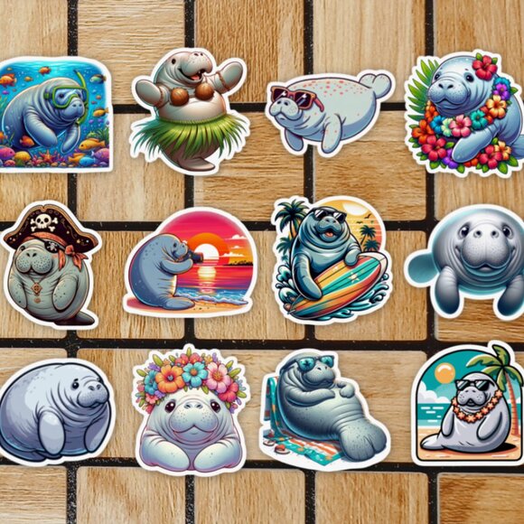 Manatee Sticker Pack of 12 Vinyl Stickers - Waterproof Die Cut Animal Stickers - Picture 1 of 4
